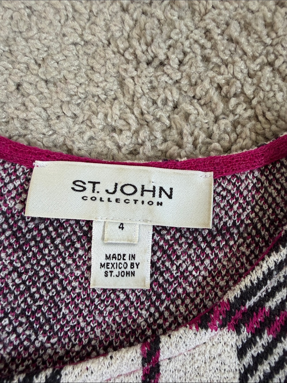 St. John Collection Pink Black White Plaid Slub Knit Wool Blend Midi Dress Sz 4 - Picture 4 of 12